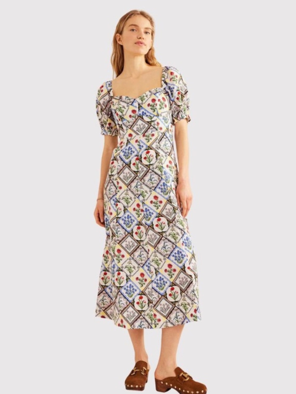 Boden Floral Linen Midi Dress 14L Patchwork Print Sweetheart Neck Puff Sleeve